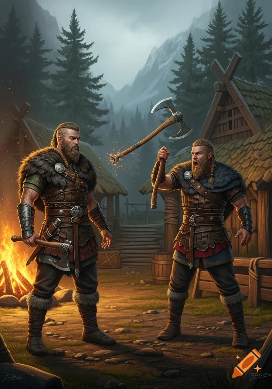 Two armored vikings in a village setting, one with an axe causing sparks off another's, with a campfire and mountains.
