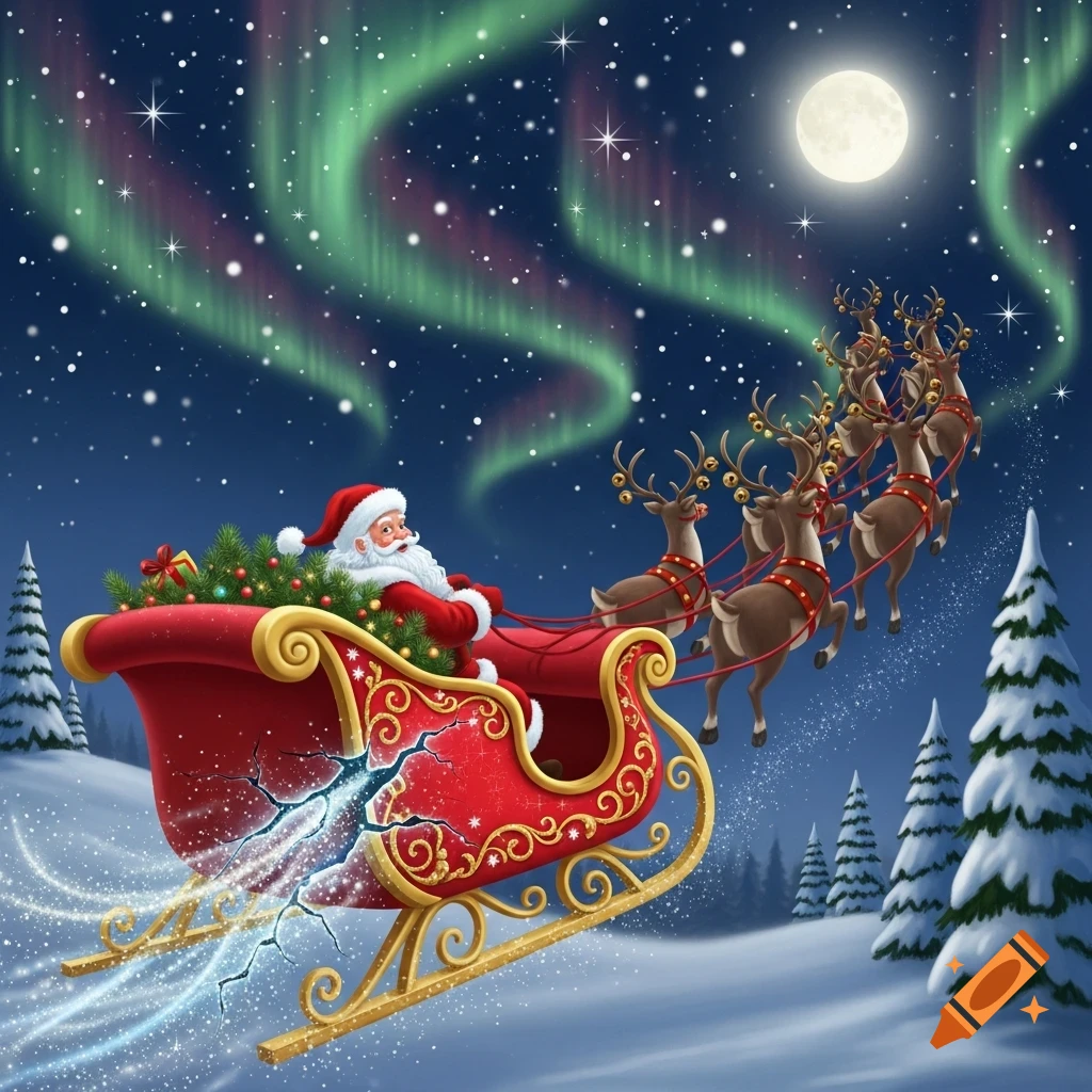 Santa Claus in his red sleigh, pulled by reindeer, flies across a snowy ...