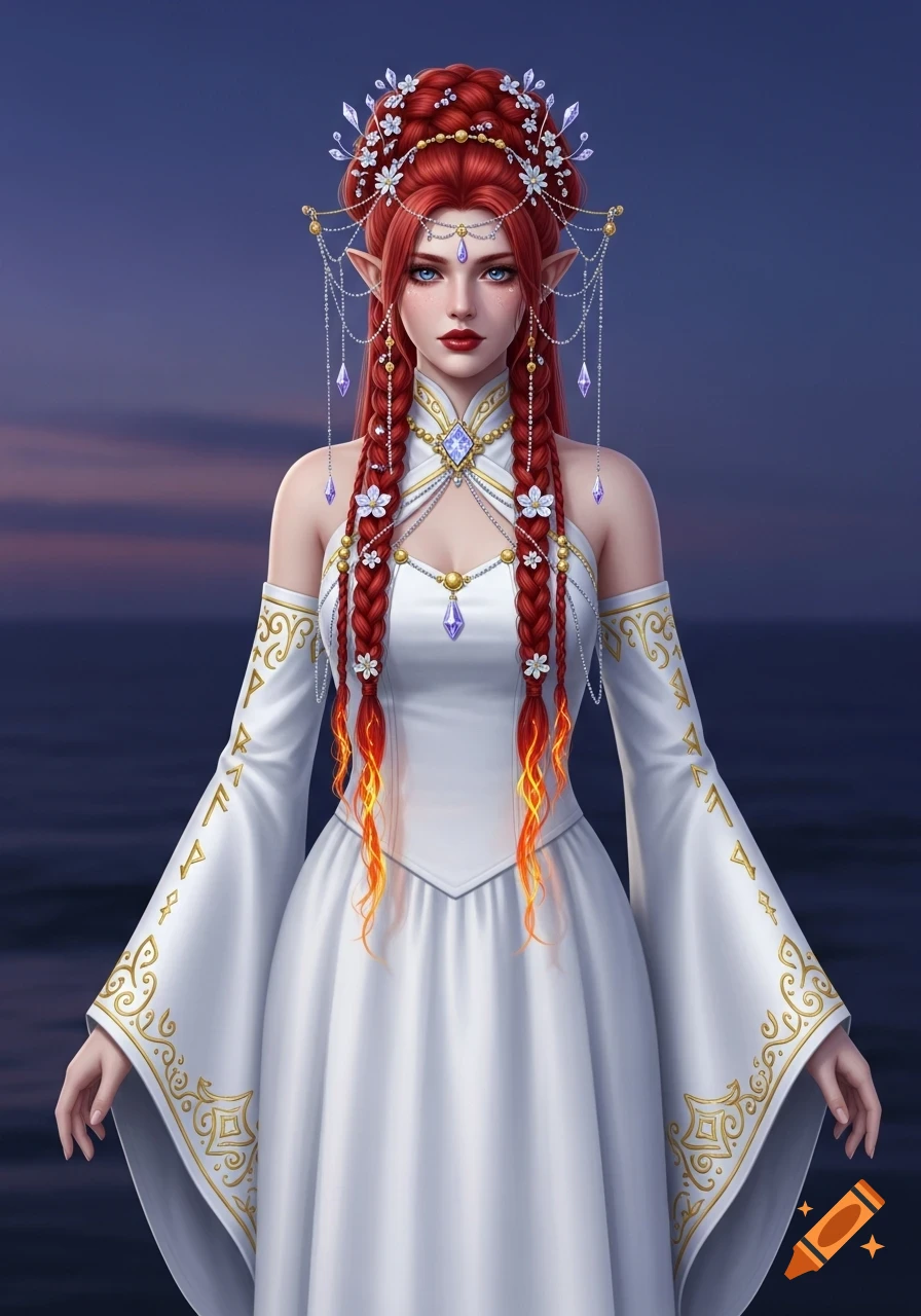A fantasy elf woman with long red braided hair, wearing an elegant white dress with golden runic designs on the sleeves, against a twilight sky.