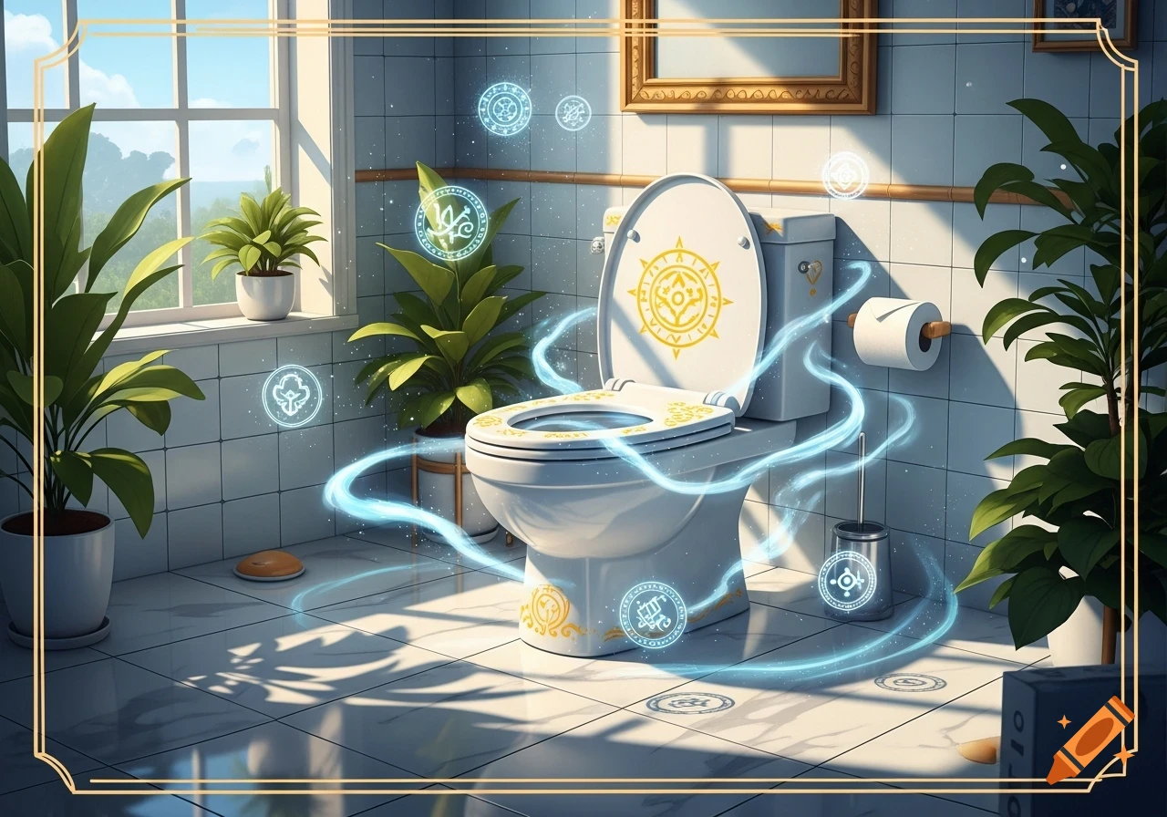A magic-infused modern toilet in a bright bathroom, adorned with gold patterns and surrounded by glowing blue energy and symbols, with potted plants and a window.