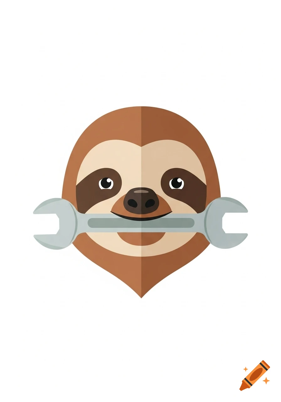 Cartoon illustration of a sloth's face holding a silver wrench in its mouth.