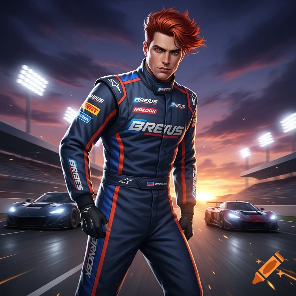 Stylized illustration of a red-haired man in a blue and orange racing suit, standing on a track with sports cars behind him at sunset.