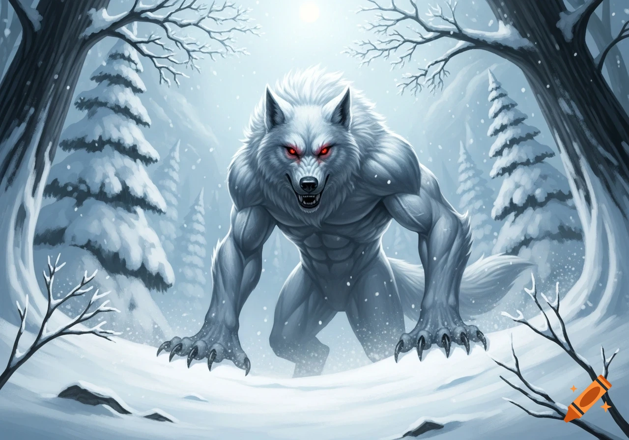 A fierce white werewolf with glowing red eyes snarls in a snowy winter forest.