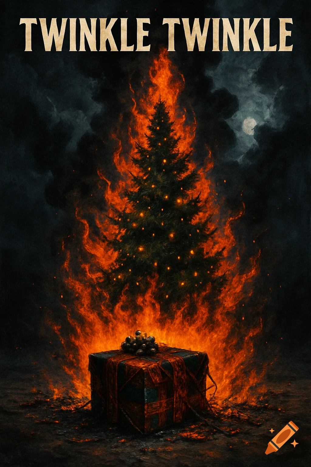 A burning Christmas tree and a dark wrapped gift, with "TWINKLE TWINKLE" text at the top.