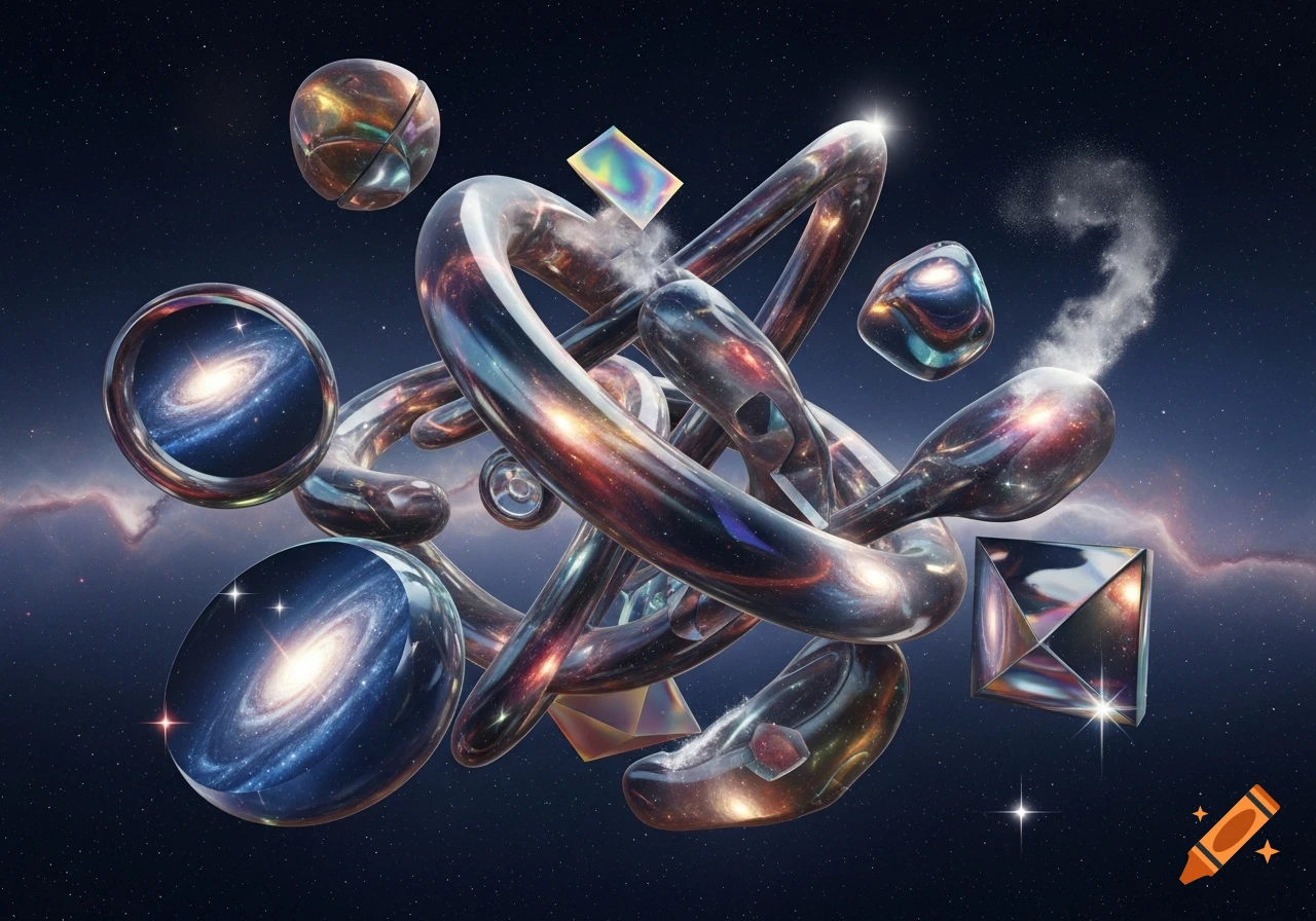 A cluster of reflective, intertwined cosmic and globular shapes, mirroring galaxies and stars in deep space.