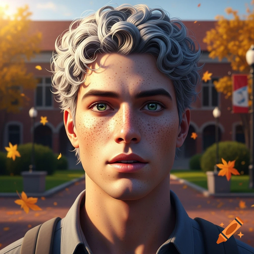 Photorealistic portrait of a young man with freckles, green eyes, and curly silver hair on an autumn college campus.