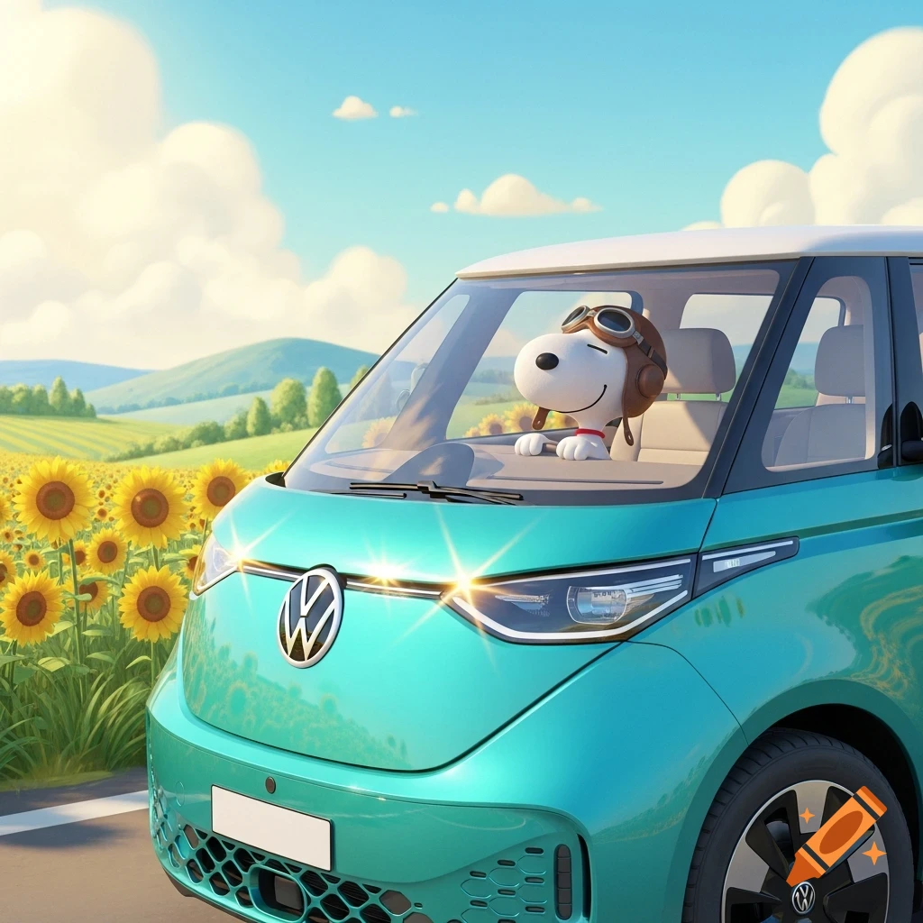A cartoon Snoopy wearing a pilot hat smiles while driving a teal Volkswagen ID. Buzz through a field of sunflowers.