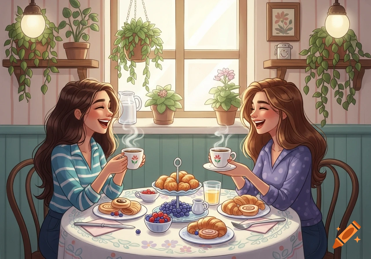 Two laughing cartoon women enjoy breakfast with coffee and pastries in a cozy room with plants by a window.