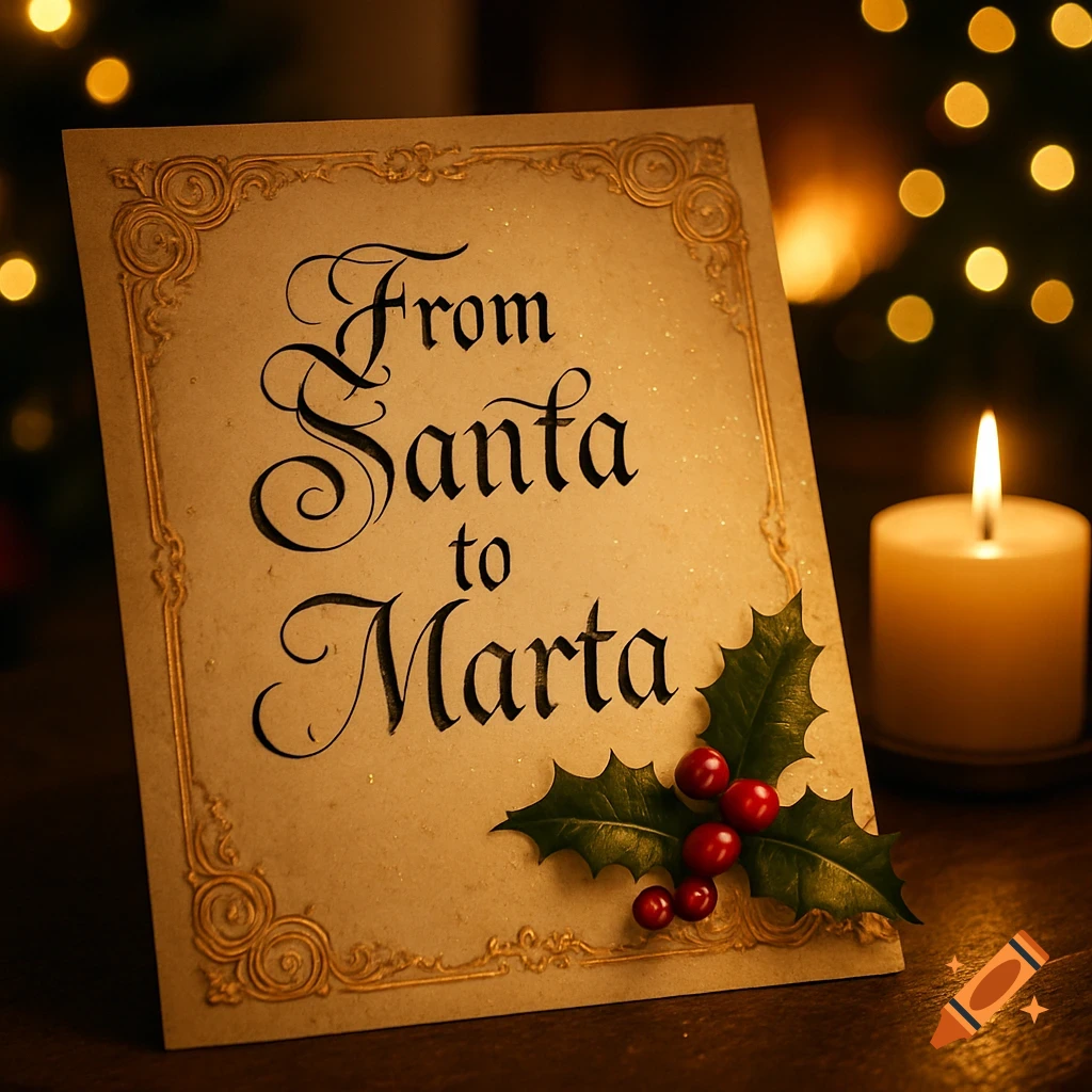 A festive Christmas card with 'From Santa to Marta' in script, adorned with holly and berries, next to a lit candle.