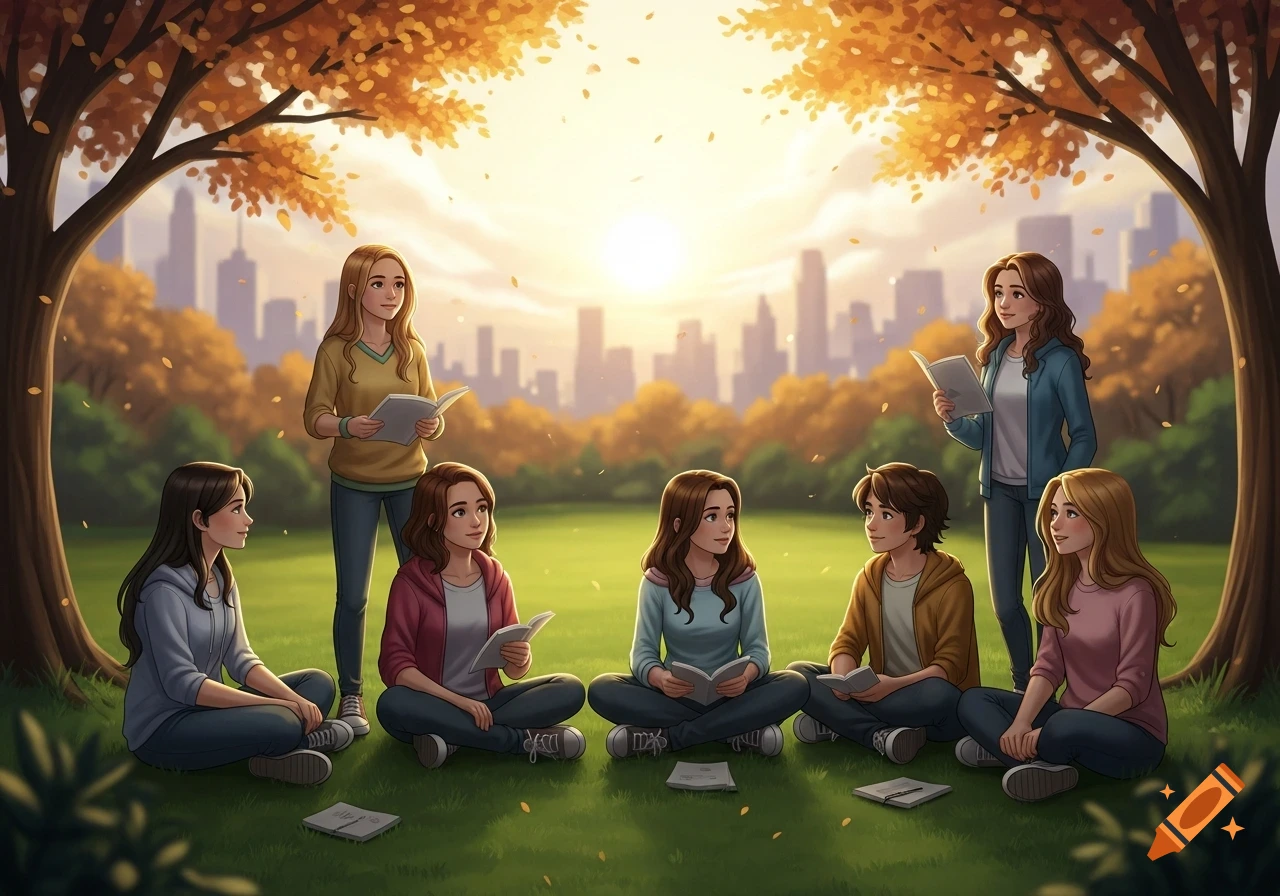 Illustrated group of diverse young friends reading books together in an autumn park with a city skyline at sunset.