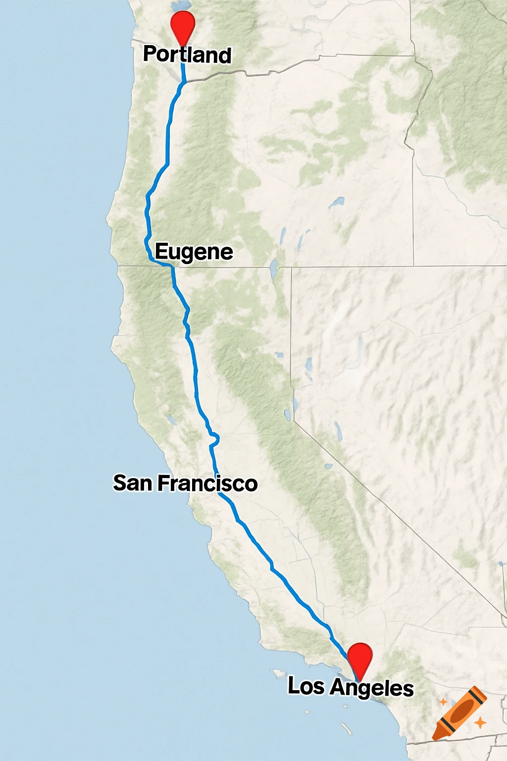 Map of the US West Coast showing a blue route line connecting Portland, Eugene, San Francisco, and Los Angeles with red pins.