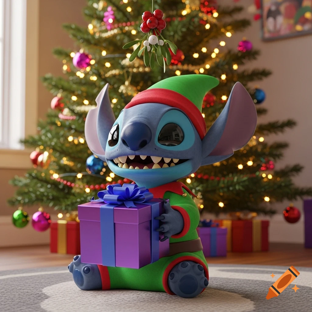 Stitch, dressed as a Christmas elf, sits with a purple present in front of a decorated Christmas tree with mistletoe. Photorealistic 3D render.