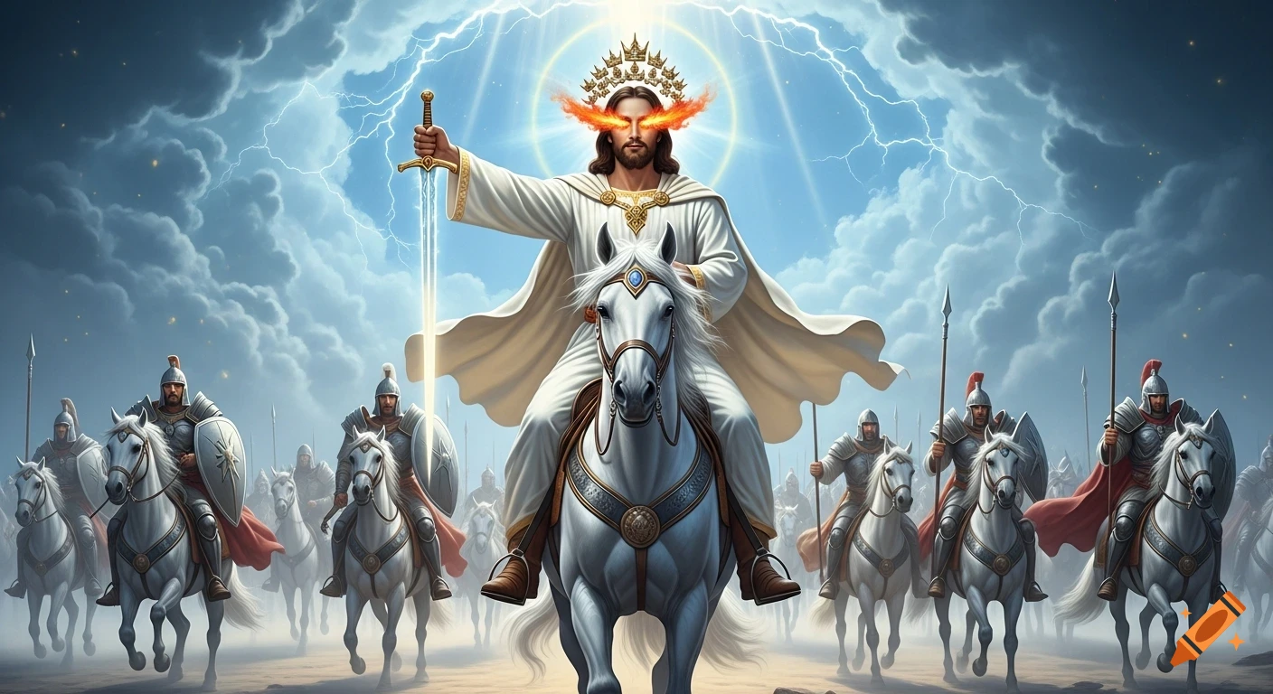 Jesus Christ on a white horse, with fiery eyes and crowns, leading a heavenly army under a dramatic, lightning-filled sky.