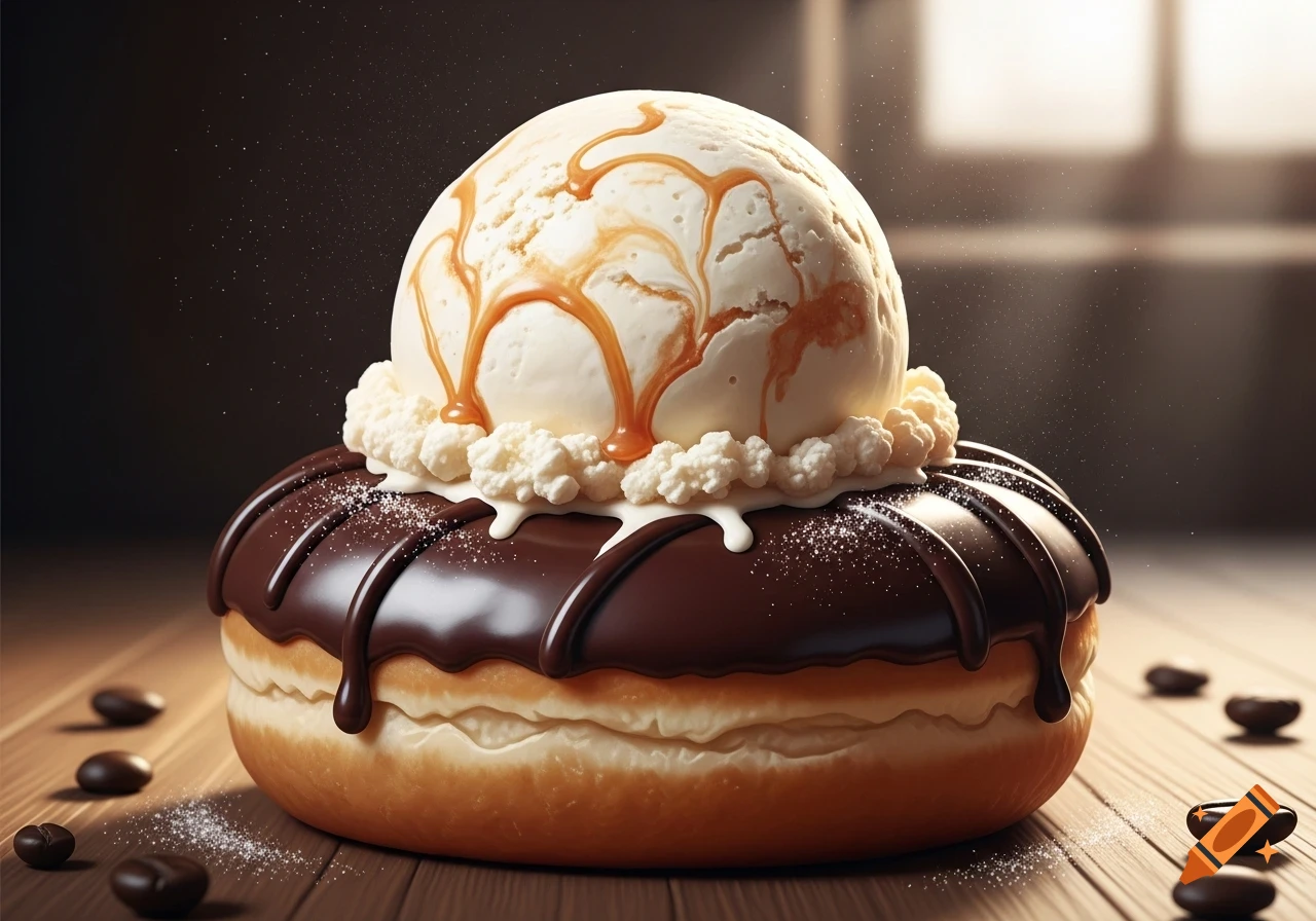 A photorealistic image of a chocolate-glazed donut topped with a scoop of vanilla ice cream and caramel drizzle, on a wooden surface with coffee beans.