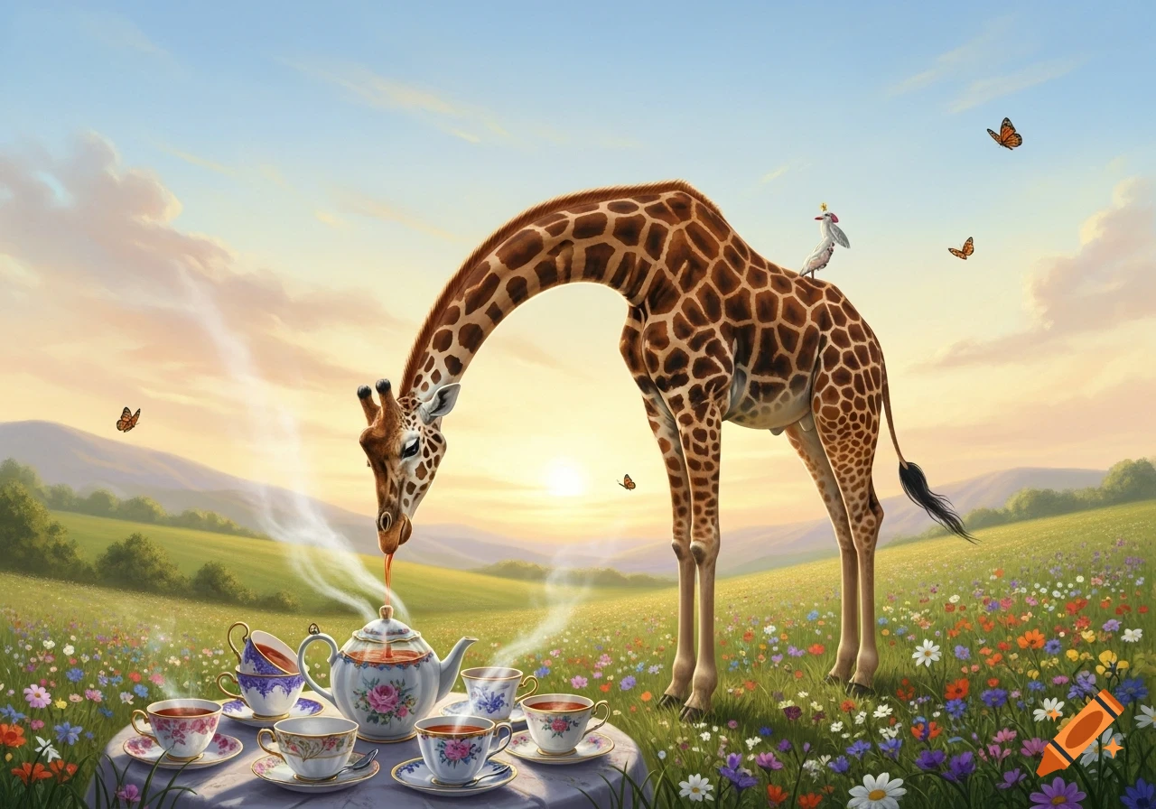 A giraffe with a small bird on its back bends to drink tea from an ornate teacup on a table in a blooming flower field at sunset, with butterflies.