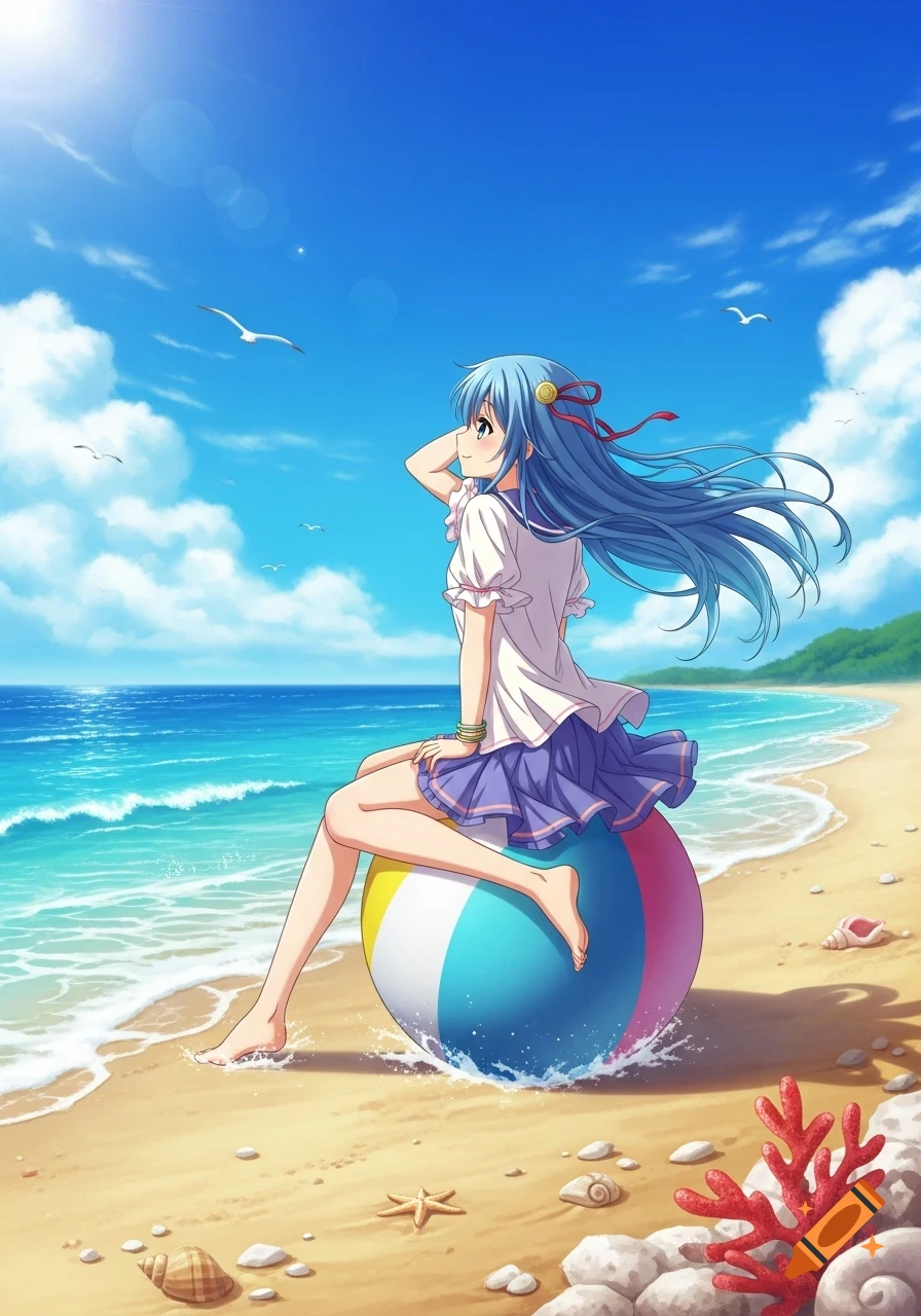 An anime girl with long blue hair sits on a colorful beach ball at the edge of the ocean on a sunny day.