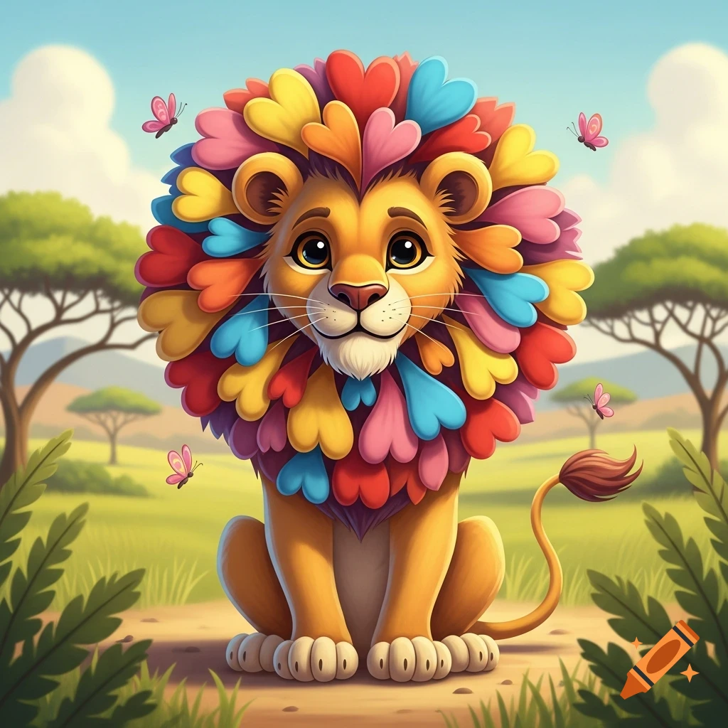 A cute cartoon lion with a vibrant, multicolored heart-shaped mane sits in a sunny savanna, with butterflies fluttering around it.