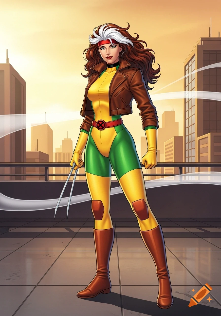 Rogue from X-Men stands on a rooftop with Wolverine claws, wearing her classic green and yellow costume with a brown jacket, against a city skyline.