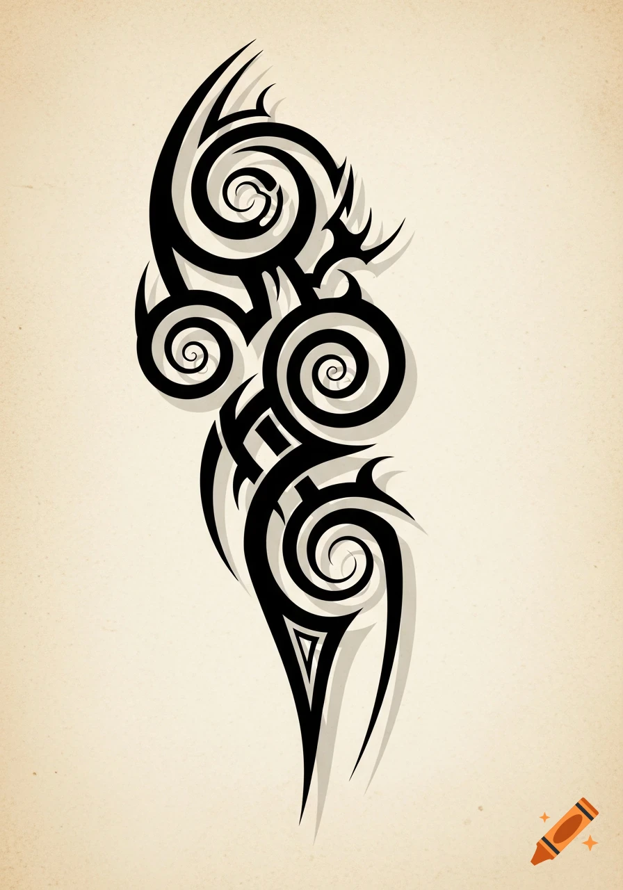 Black tribal tattoo design with swirling patterns and sharp edges on a textured light beige background.