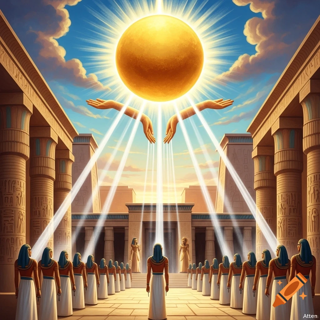 An epic ancient Egyptian scene with a giant golden sun held by two hands shining over a temple complex, where rows of robed figures worship. The sky is blue with scattered clouds.