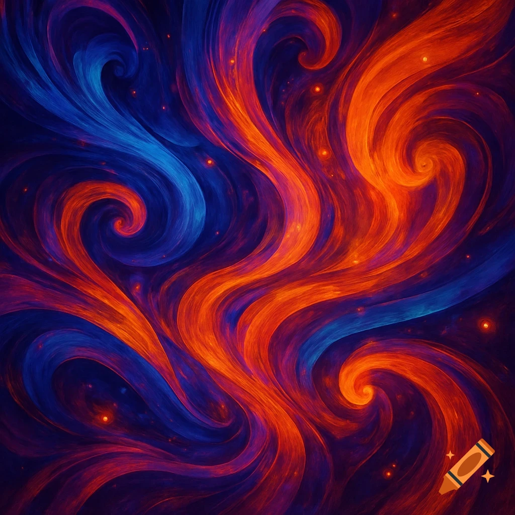 Vibrant abstract art with swirling patterns of blue, orange, and purple, dotted with small sparkling lights.