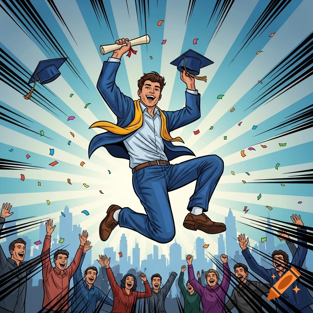 Comic book illustration of a joyful male graduate jumping high with a diploma and cap, confetti falling, over a cheering crowd and city skyline.