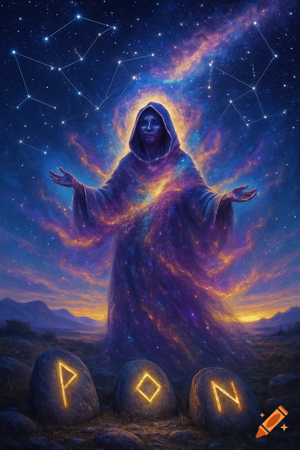 A robed figure with cosmic patterns on their cloak stands under a starry night sky with constellations and nebulae. Glowing runes spell 'P O N' on rocks in the foreground.