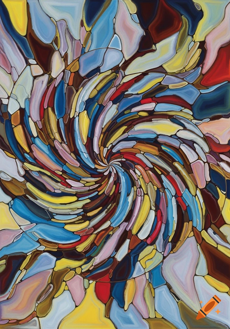 An abstract pattern of colorful, swirling shapes, resembling stained glass or a mosaic.