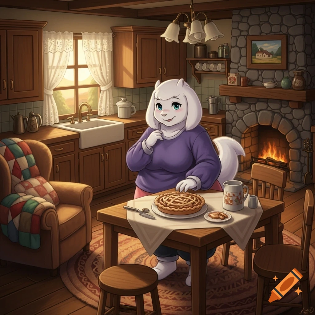 An anthropomorphic goat character, Toriel, stands pleased in a cozy, rustic kitchen with a pie on the table.