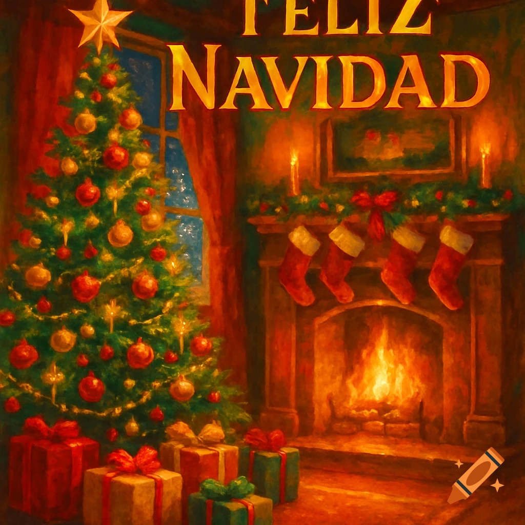 A painterly scene of a cozy room with a decorated Christmas tree, wrapped gifts, a lit fireplace with stockings, and 'FELIZ NAVIDAD' text.