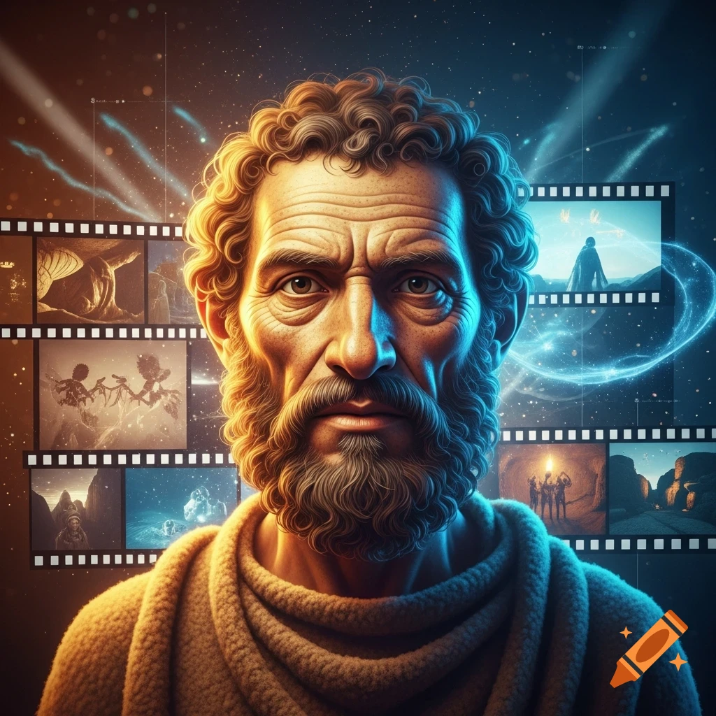 Detailed portrait of a serious, bearded man with curly hair, set against a dark, cosmic background with glowing blue light trails and film strips.