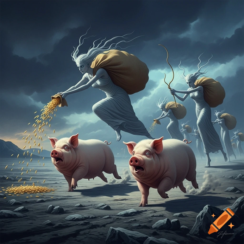 Ethereal, pale figures scatter oats as they float above wide-eyed pigs running across a grim, rocky landscape under a stormy sky.