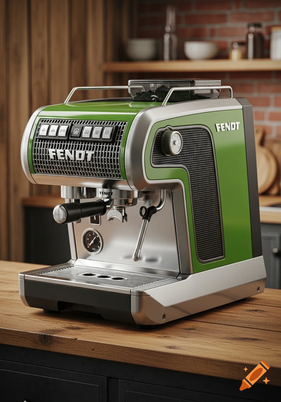 A modern green and silver coffee machine with an industrial design sits on a wooden kitchen counter.