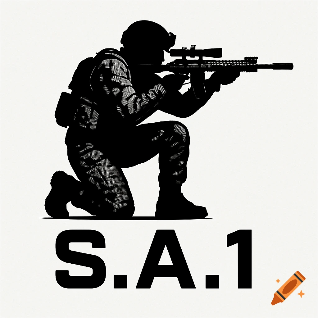 Black silhouette logo of a soldier kneeling and aiming a rifle with a scope, with the text 'S.A.1' below.
