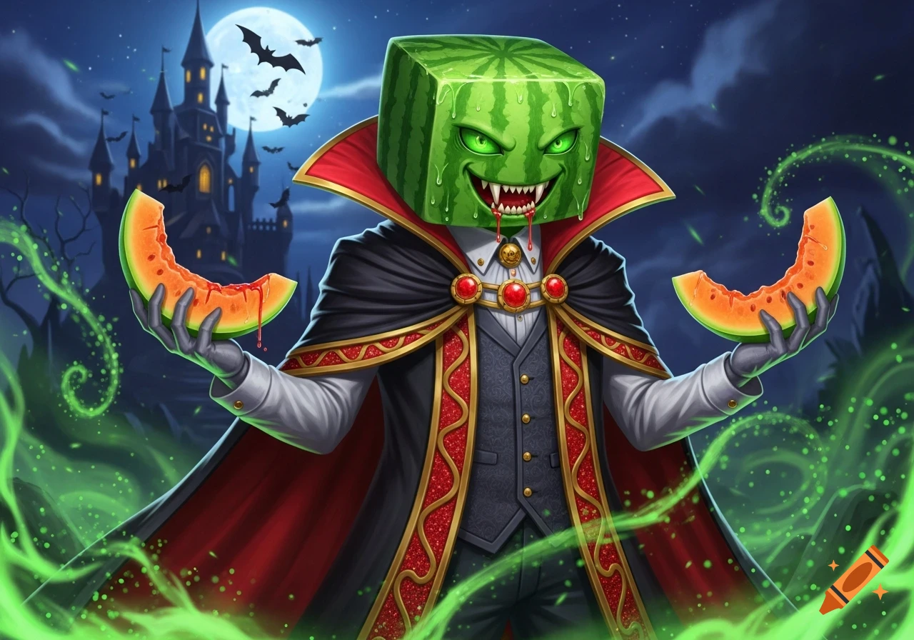 Digital illustration of a semi-realistic melon-headed vampire in a dark cape, holding melon slices with dripping 'melon juice' that looks like blood. A full moon, bats, and a gothic castle are in the background, with green mystical mist.