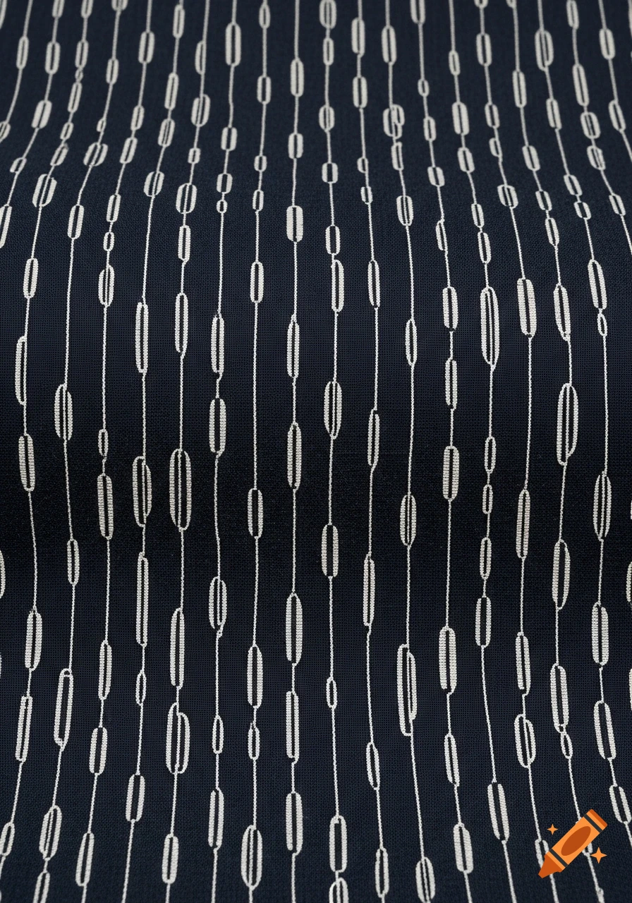 A close-up of a dark navy fabric with a repeating pattern of white vertical capsule shapes connected by thin lines, resembling a jacquard weave.