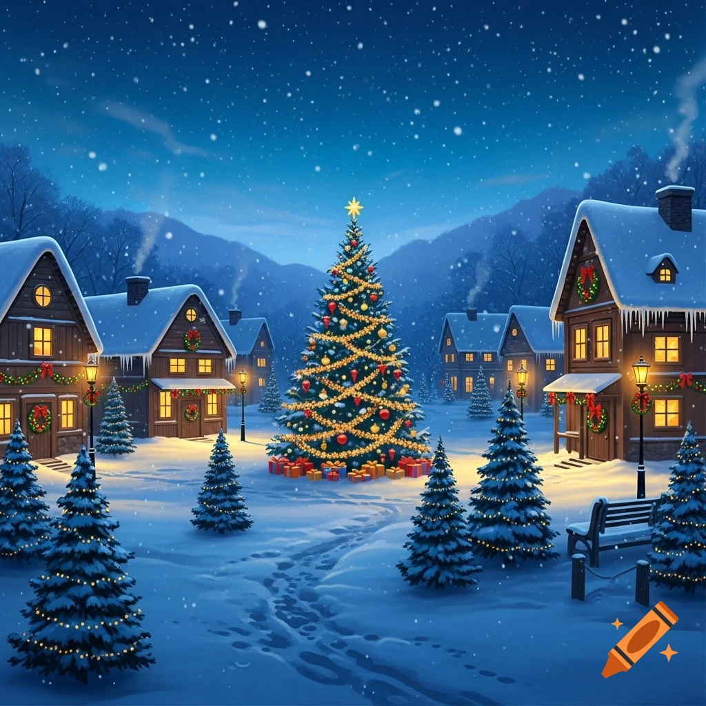 A festive winter village scene with snow-covered houses, a large decorated Christmas tree, and falling snow under a starry night sky.
