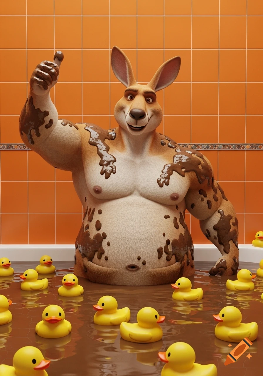 A smiling, muscular, muddy anthropomorphic kangaroo gives a thumbs-up from a mud bath filled with rubber duckies in an orange tiled bathroom.