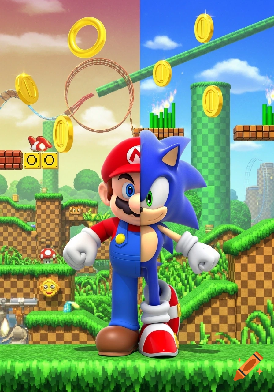 A 3D rendered image of Mario and Sonic fused down the middle, standing in a split background of their respective game worlds.