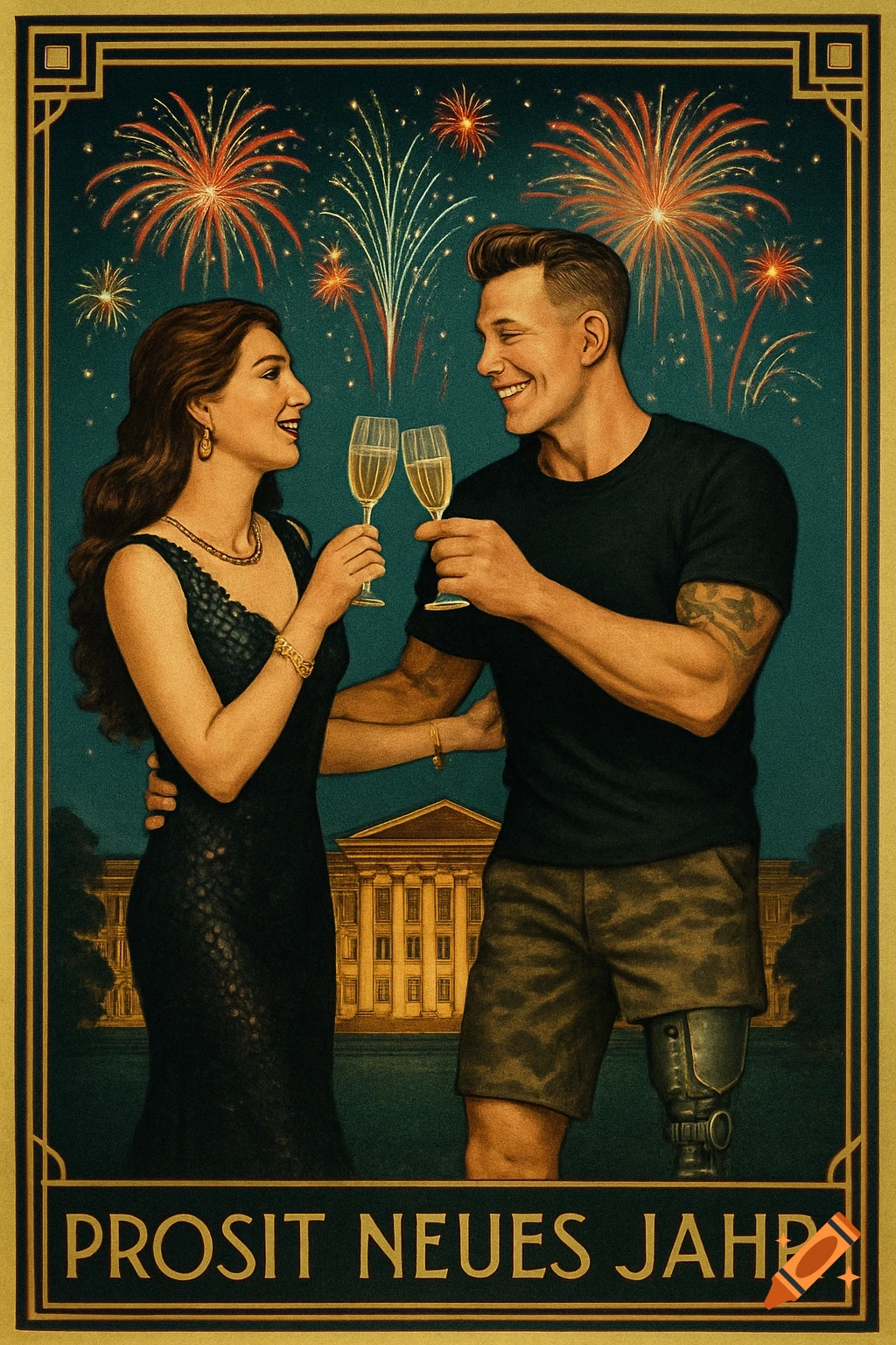 Art Deco poster of a couple toasting with champagne under fireworks, 'PROSIT NEUES JAHR' text.