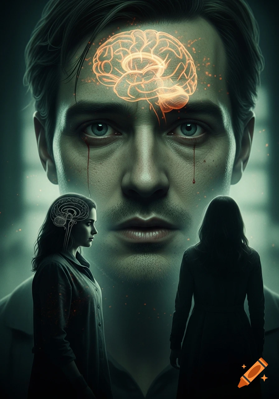 Close-up of a man's face with a glowing brain overlay, blood-like tears, and two female silhouettes in an unsettling green light.