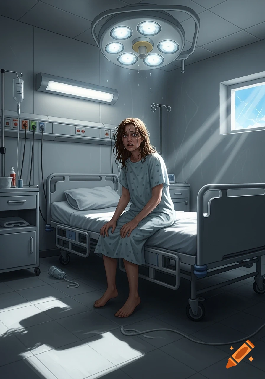 A distressed woman in a hospital gown sits on a bed in a dim hospital room with a broken window and leaking ceiling.