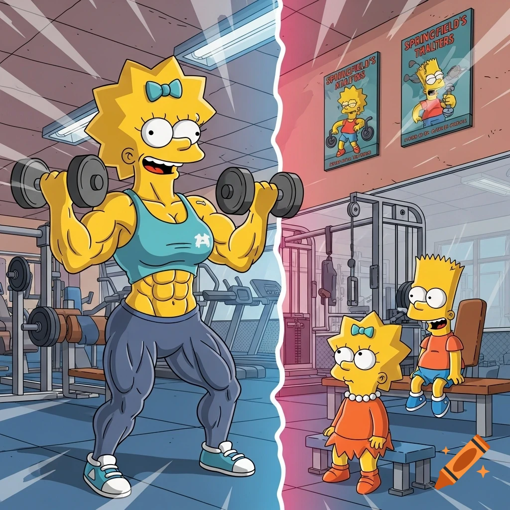 Cartoon Lisa Simpson with exaggerated muscles lifting weights in a gym, while normal Lisa and Bart watch from the side.