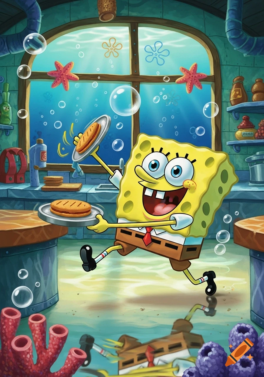 Spongebob Squarepants runs joyfully in an underwater kitchen, holding two Krabby Patties on silver platters.