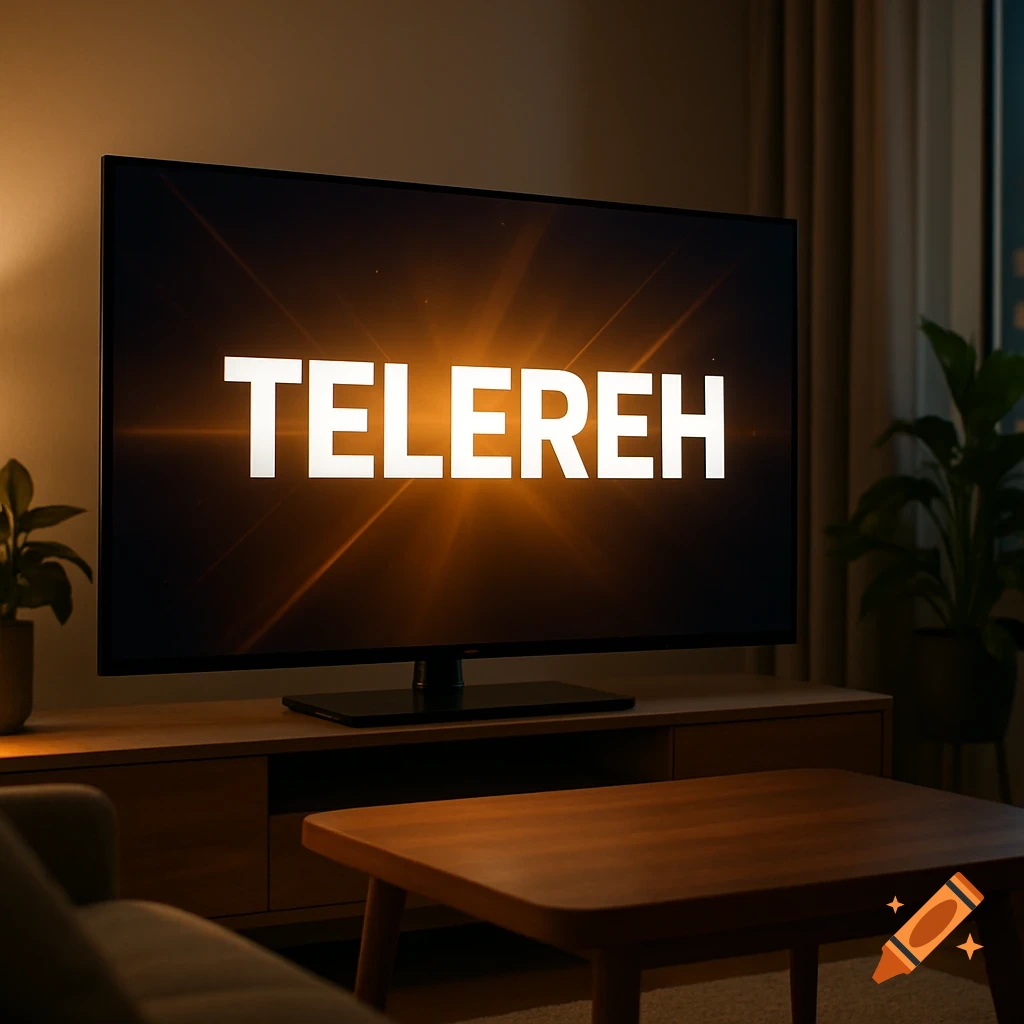 Photorealistic image of a television in a dimly lit living room displaying the word 'TELEREH' on its screen with a glowing effect.