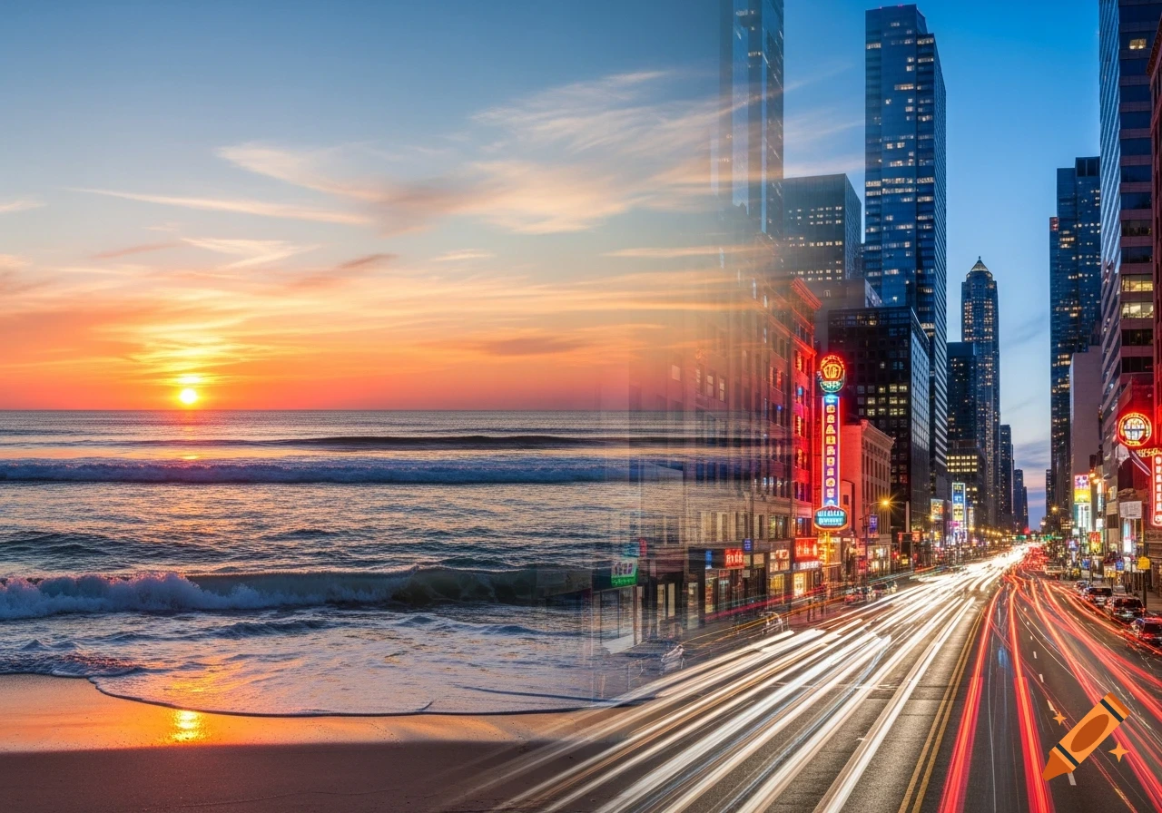 A composite image showing a vibrant sunset over the ocean blending into a bustling city street at night with light trails from cars.