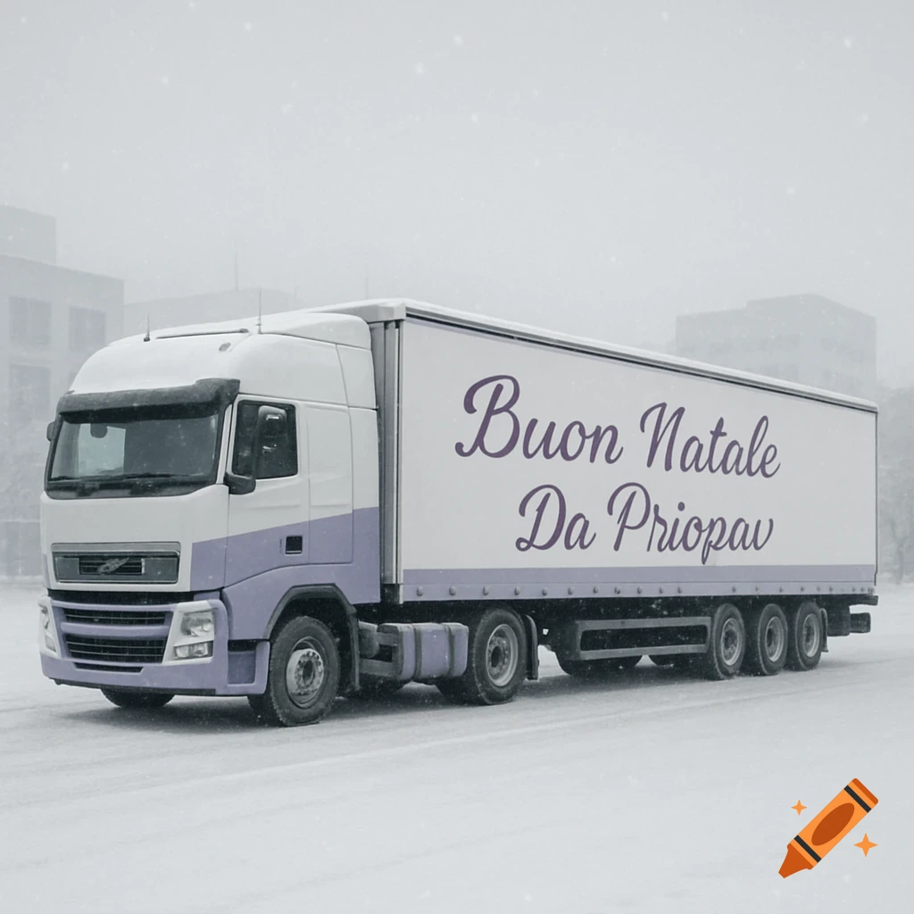 A white and lilac truck with a trailer in a snowy landscape. The trailer reads 'Buon Natale Da Priopav'. Photorealistic.