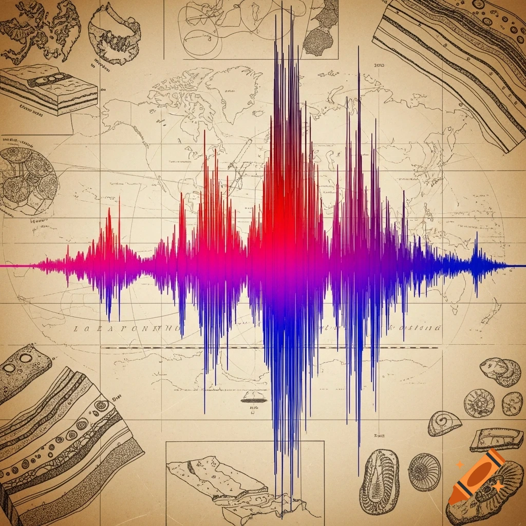 Vintage scientific illustration showing a world map with a seismic waveform, geological layers, and fossil diagrams.