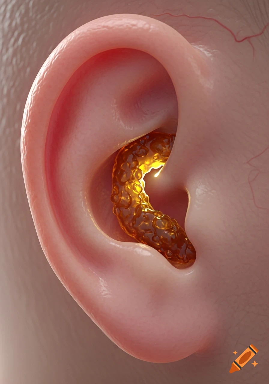 A close-up, highly detailed 3D rendering of a human ear filled with a large amount of golden-brown earwax.