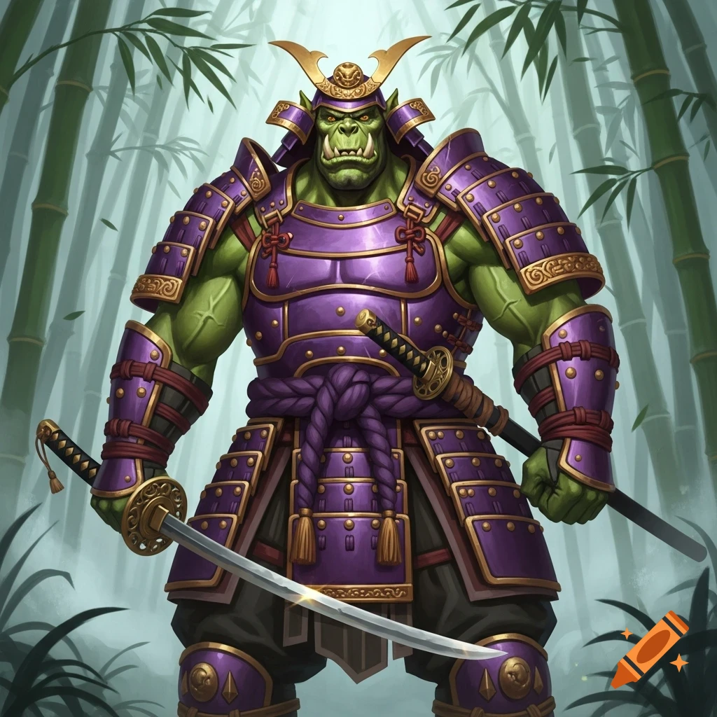 A green-skinned orc wearing elaborate purple and gold samurai armor stands holding two katanas in a bamboo forest, digital art style.